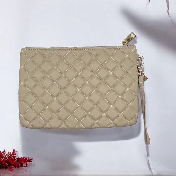 Badgley Mischka Diamond Quilted Logo Wristlet Pouch Vegan Leather Taupe NWT - Picture 2 of 2